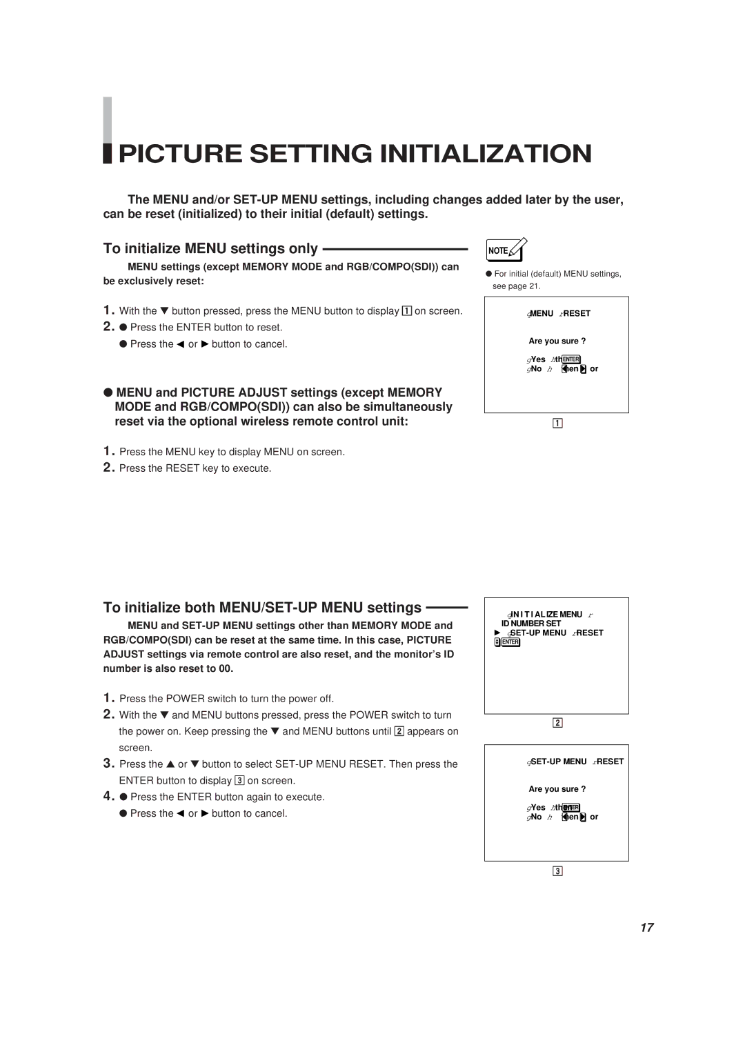 JVC BM-H1900SU, BM-H1310SU manual Picture Setting Initialization, To initialize Menu settings only 