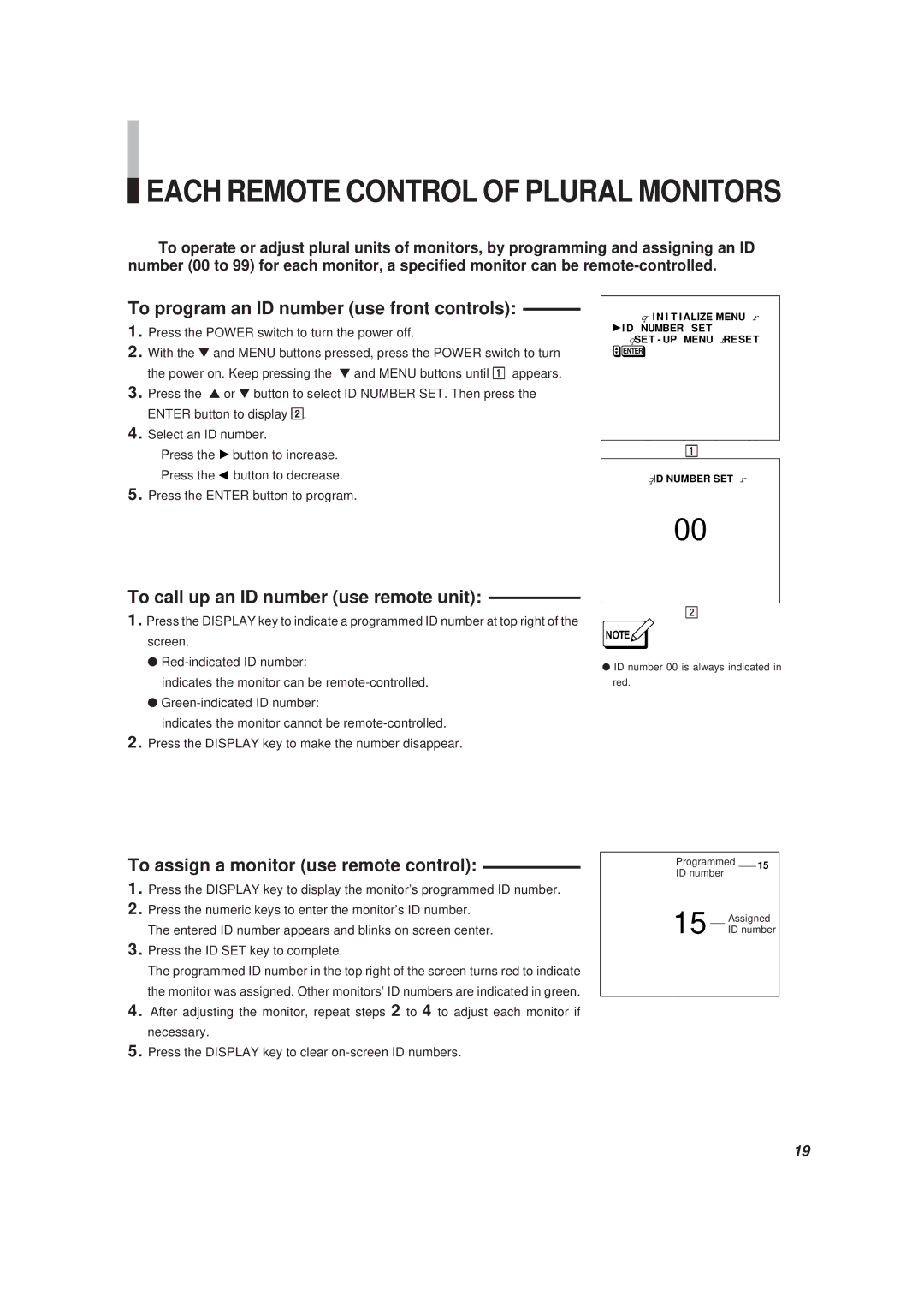 JVC BM-H1900SU, BM-H1310SU manual To program an ID number use front controls, To call up an ID number use remote unit 