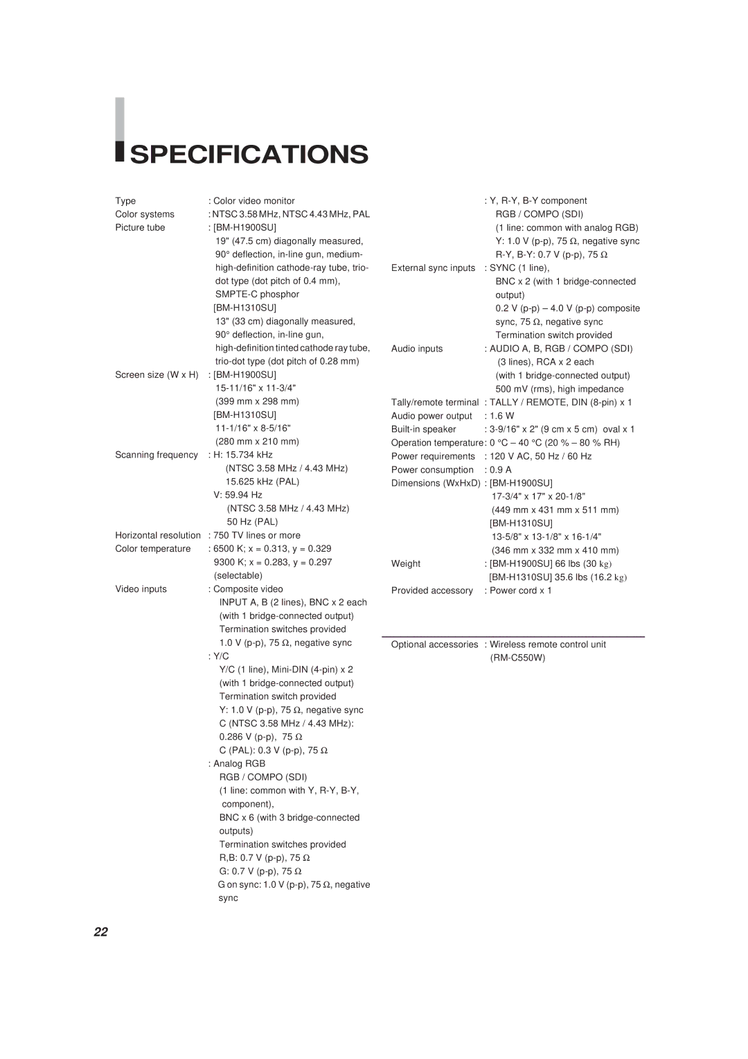 JVC BM-H1310SU, BM-H1900SU manual Specifications, RGB / Compo SDI 