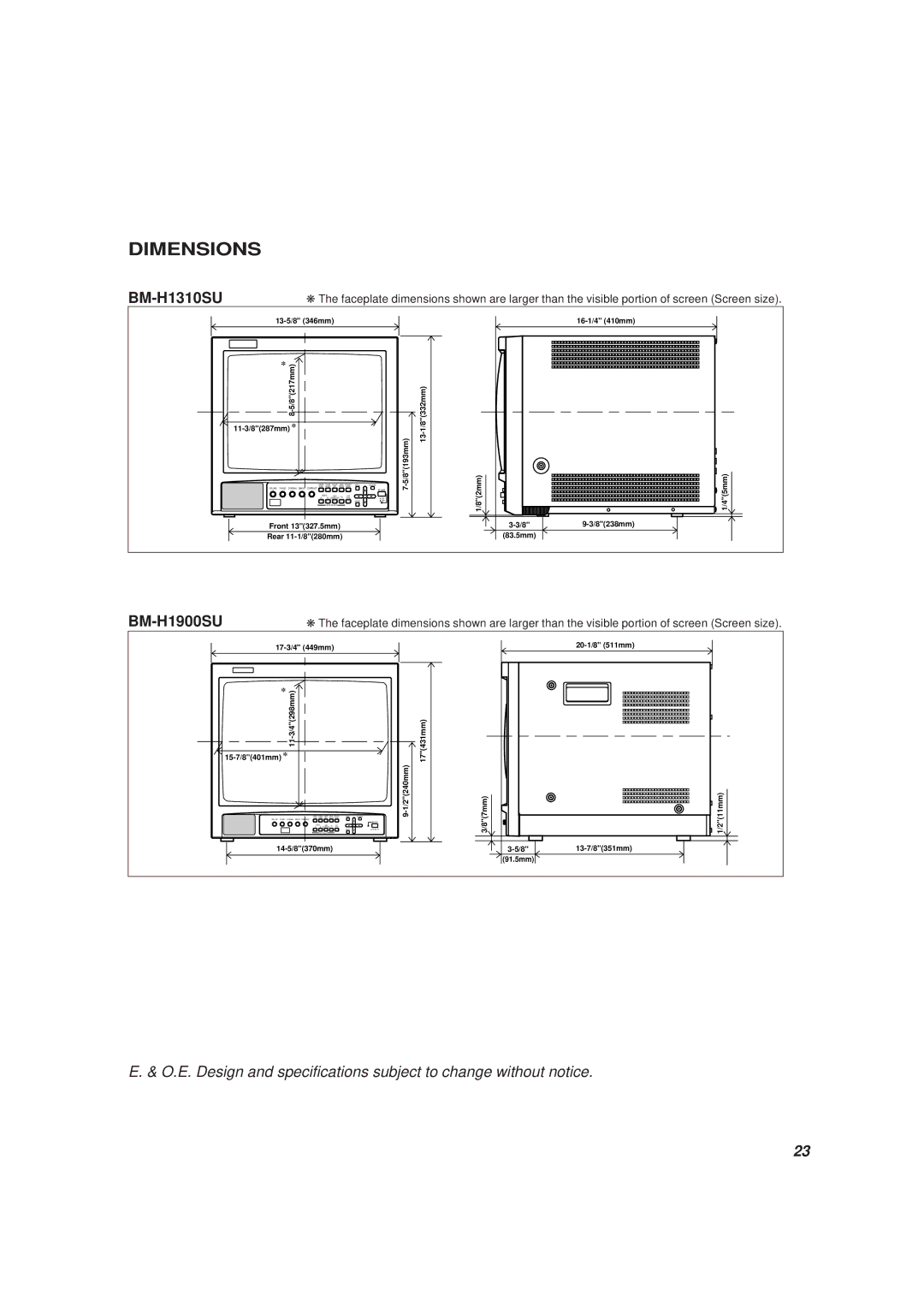 JVC BM-H1900SU, BM-H1310SU manual Dimensions 