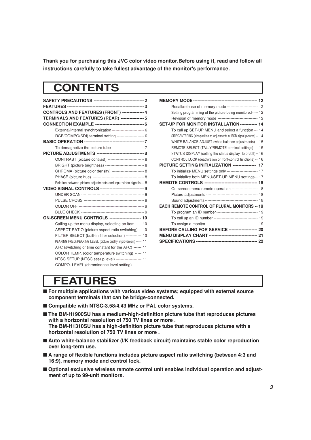 JVC BM-H1900SU, BM-H1310SU manual Contents, Features 