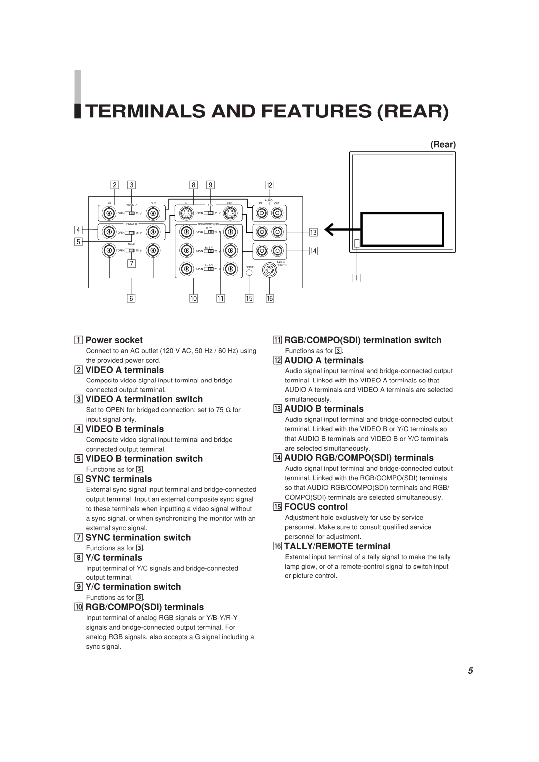 JVC BM-H1900SU, BM-H1310SU manual Terminals and Features Rear 