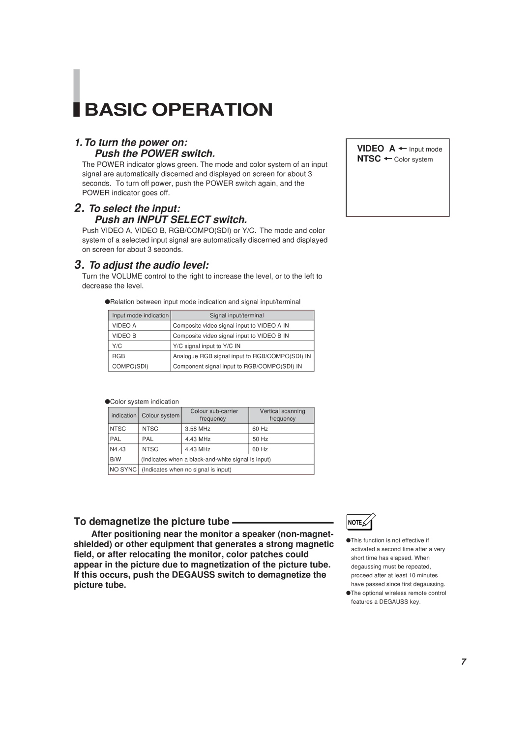 JVC BM-H1900SU, BM-H1310SU manual Basic Operation, To demagnetize the picture tube 