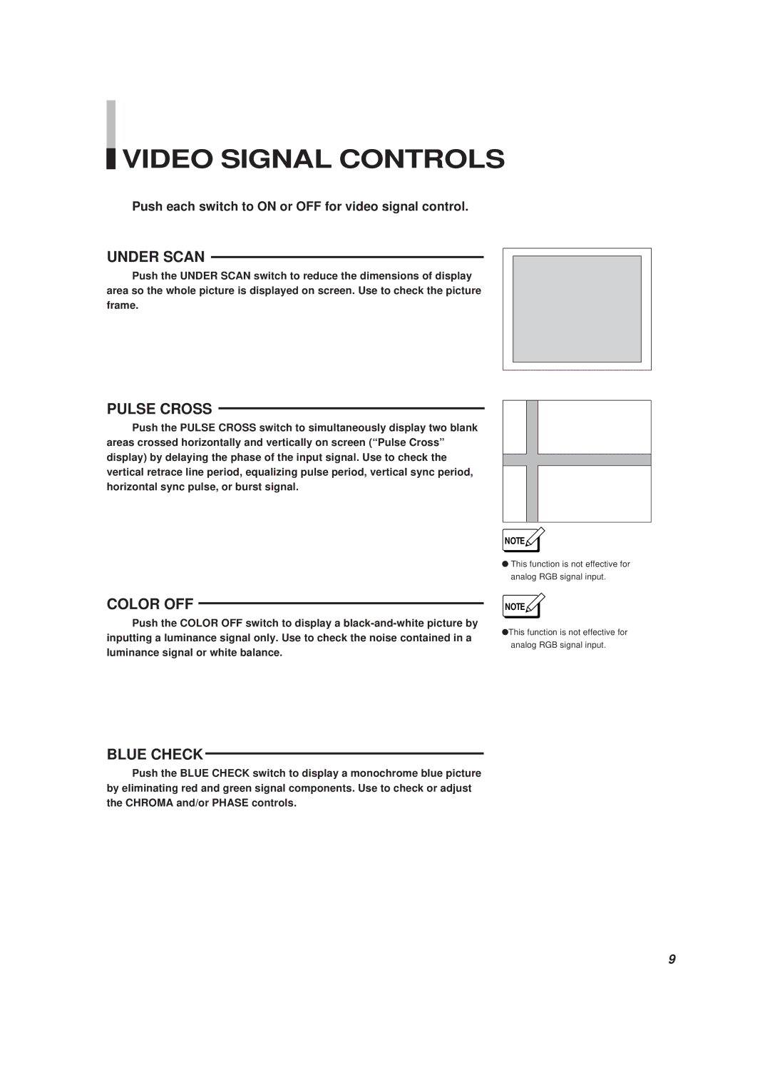 JVC BM-H1900SU, BM-H1310SU manual Video Signal Controls, Push each switch to on or OFF for video signal control 