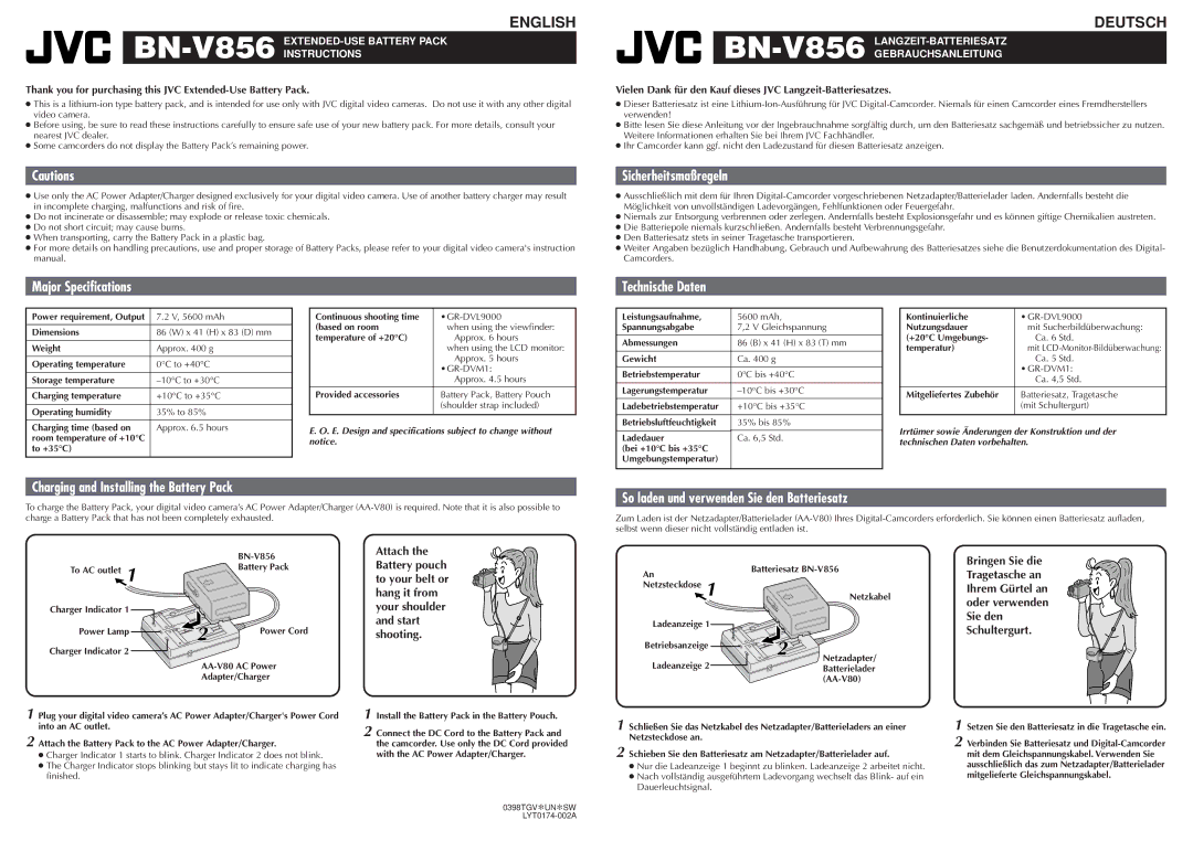 JVC BN V856 specifications English, Deutsch 