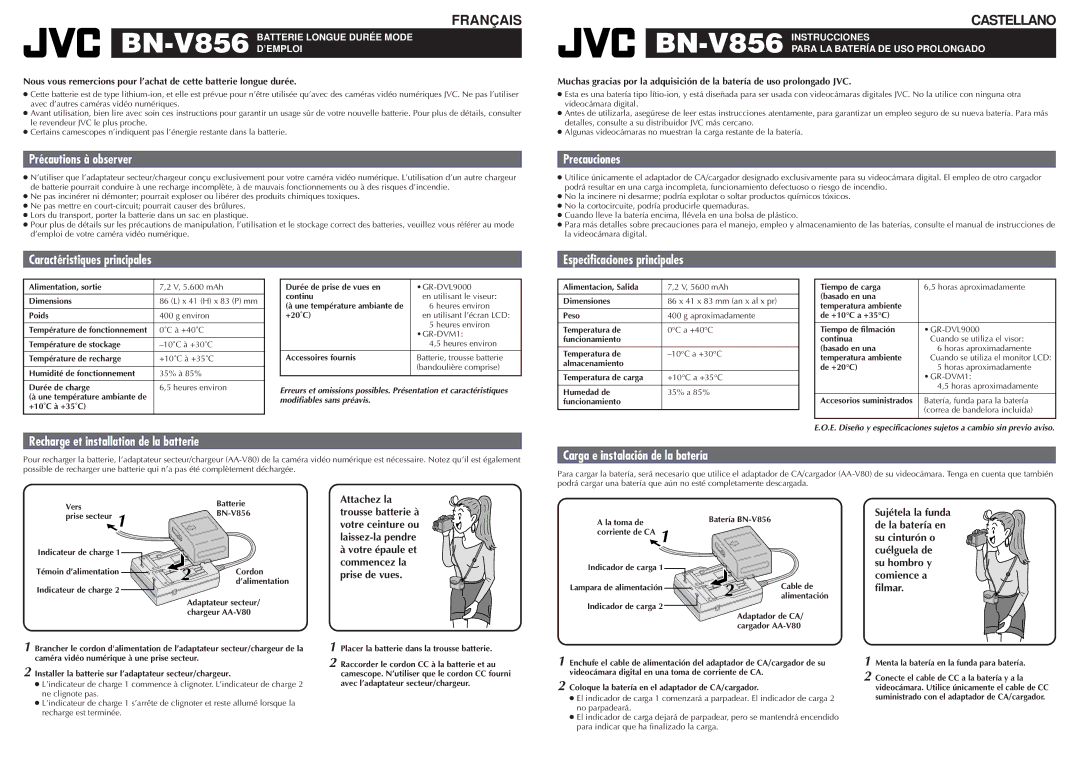 JVC BN V856 specifications Français, Castellano 