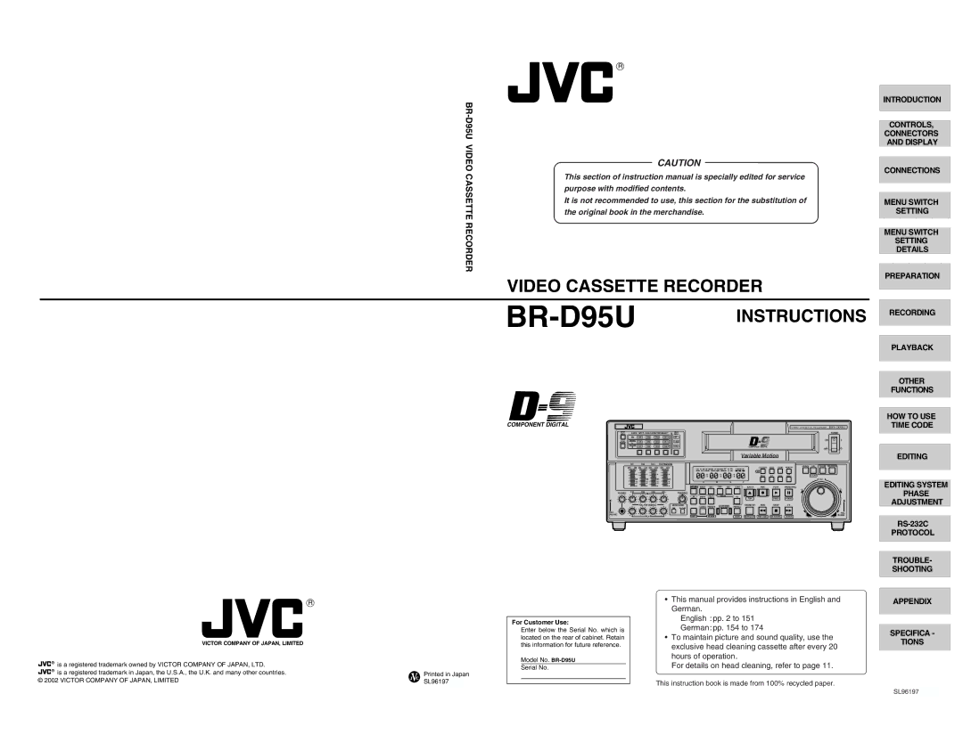 JVC BR-D95U specifications This instruction book is made from 100% recycled paper 