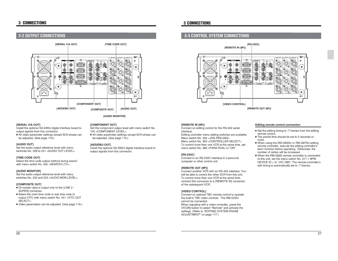 JVC BR-D95U specifications Output Connections, Control System Connections, Composite OUT, Editing remote control connection 