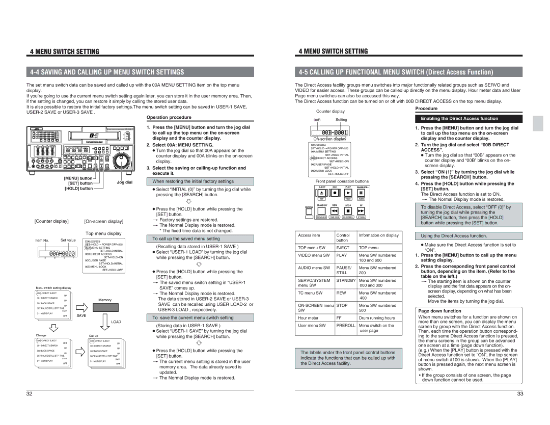 JVC BR-D95U specifications Saving and Calling UP Menu Switch Settings, Enabling the Direct Access function, Òonó 