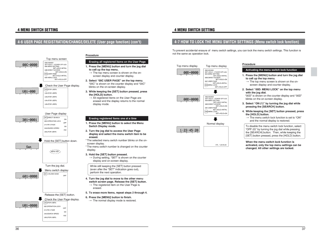 JVC BR-D95U specifications Erasing all registered items on the User, Activating the menu switch lock function 