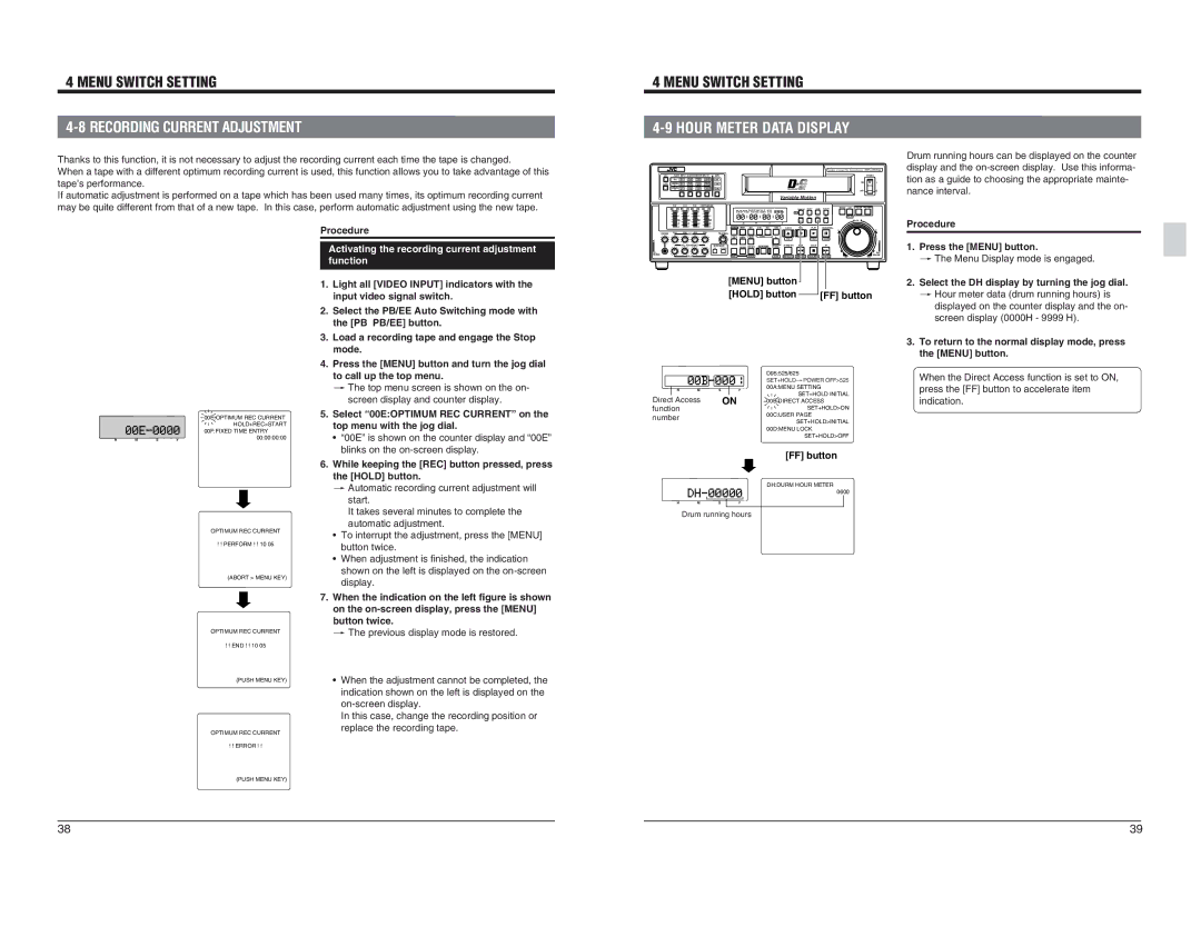 JVC BR-D95U specifications Recording Current Adjustment, Activating the recording current adjustment function 