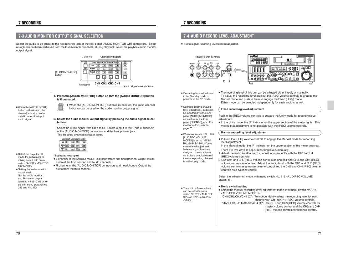 JVC BR-D95U specifications Audio Monitor Output Signal Selection, Audio Record Level Adjustment 