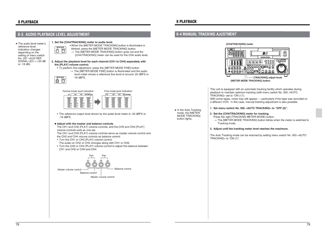 JVC BR-D95U specifications Manual Tracking Ajustment, Play volume control, Dbfs, Set menu switch No Auto Tracking to OFF 