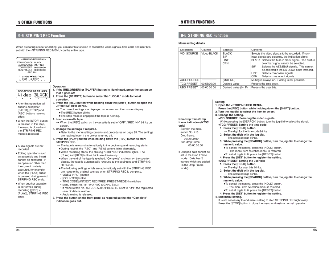 JVC BR-D95U specifications Striping REC Menu 