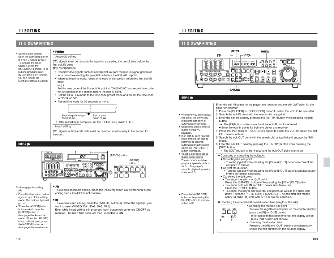 JVC BR-D95U specifications Swap Editing, Edit point entry, Editing mode selection 