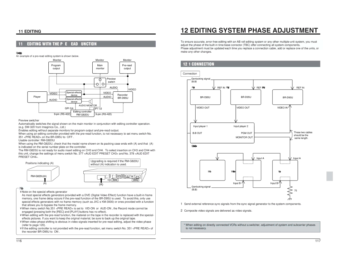 JVC Editing System Phase Adjustment, That allows you to bypass the frame memory, Refer to, Recorder BR-D95U to on 