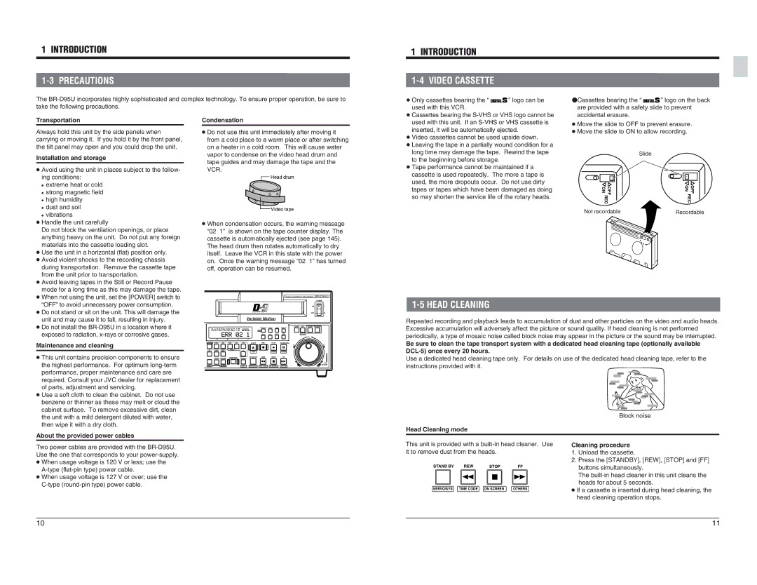 JVC BR-D95U specifications Precautions, Video Cassette, Head Cleaning 