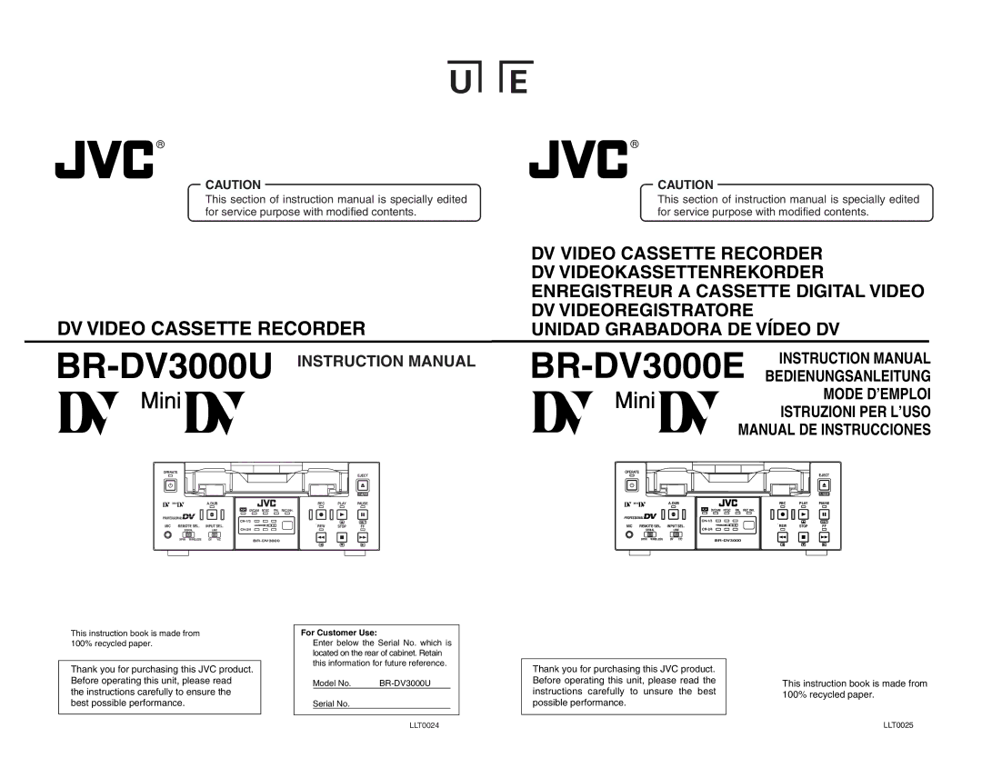 JVC BR-DV3000E instruction manual BR-DV3000U, For service purpose with modified contents 