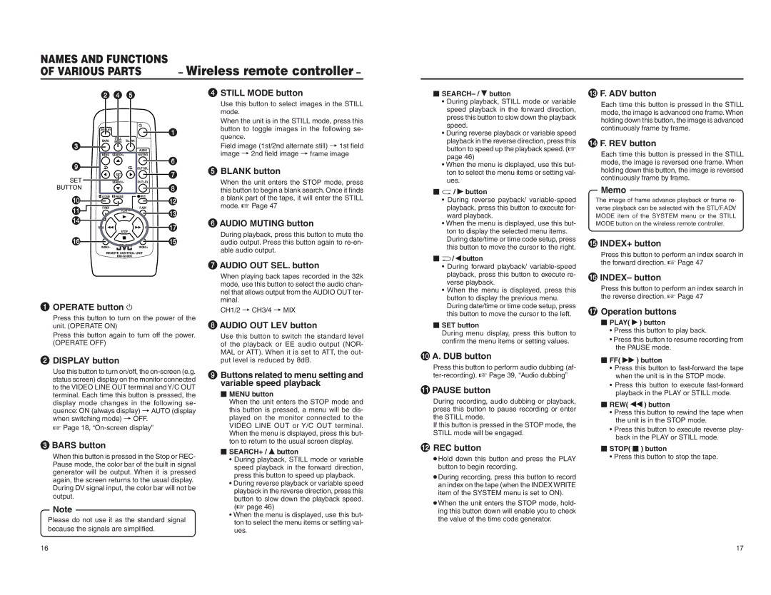 JVC BR-DV3000E Still Mode button, ADV button, REV button, Operate button f, Display button, Bars button, Blank button 