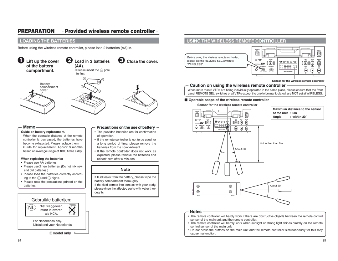 JVC BR-DV3000E instruction manual Load in 2 batteries Close the cover, Precautions on the use of battery, Model only 