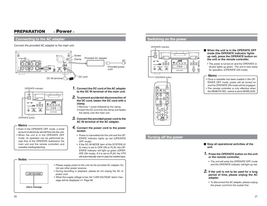 JVC BR-DV3000E instruction manual Power, Turning off the power, Connecting to the AC adapter, Switching on the power 