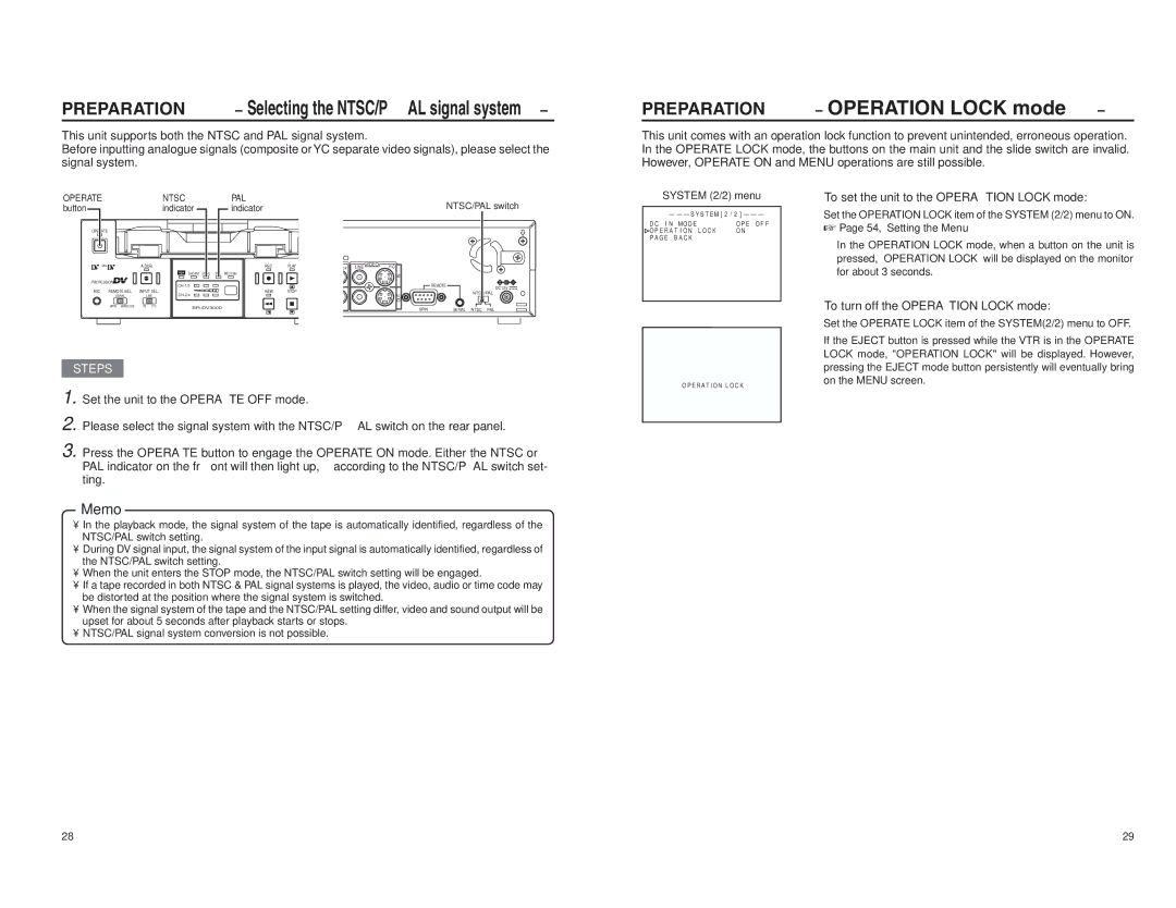 JVC BR-DV3000E Selecting the NTSC/PAL signal system,  To set the unit to the Operation Lock mode, Ting 