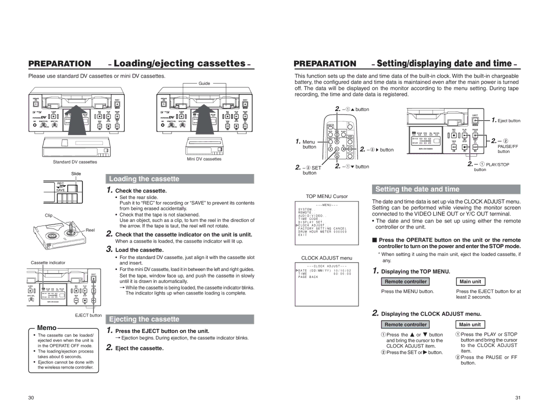 JVC BR-DV3000E instruction manual Ejecting the cassette, Setting the date and time 