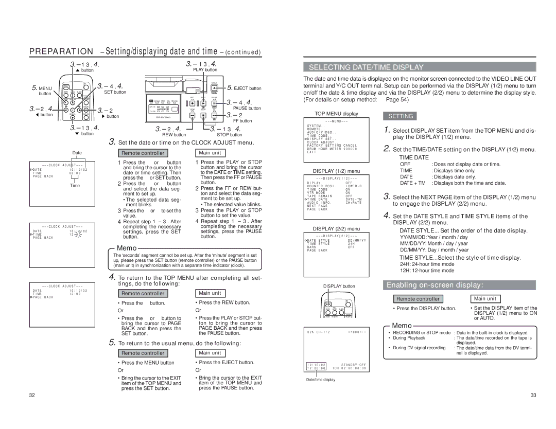 JVC BR-DV3000E instruction manual Enabling on-screen display, Play the Display 1/2 menu, To engage the Display 2/2 menu 