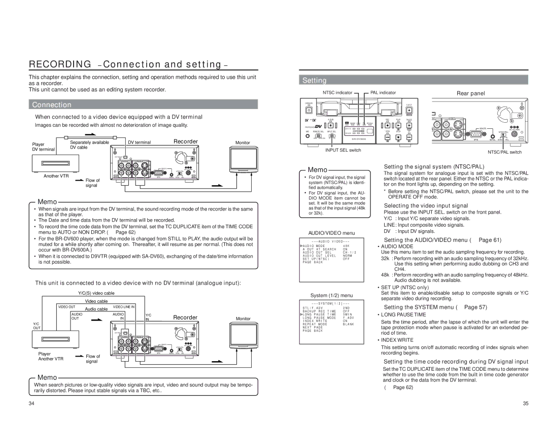 JVC BR-DV3000E instruction manual Recording Connection and setting, Setting 