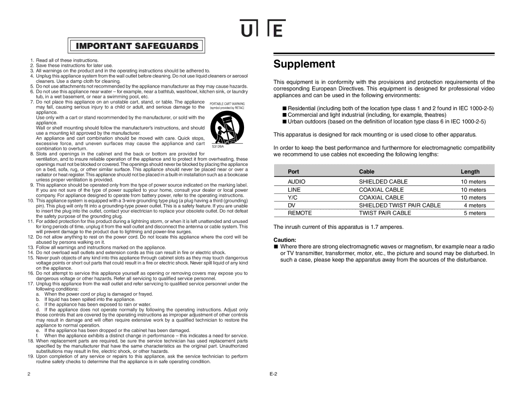 JVC BR-DV3000E instruction manual Port Cable, Length 