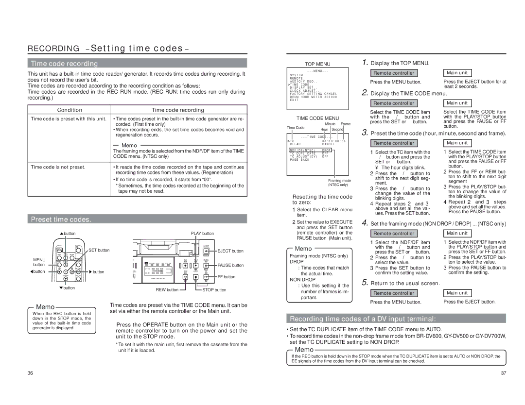 JVC BR-DV3000E Setting time codes, Time code recording, Recording time codes of a DV input terminal, Preset time codes 