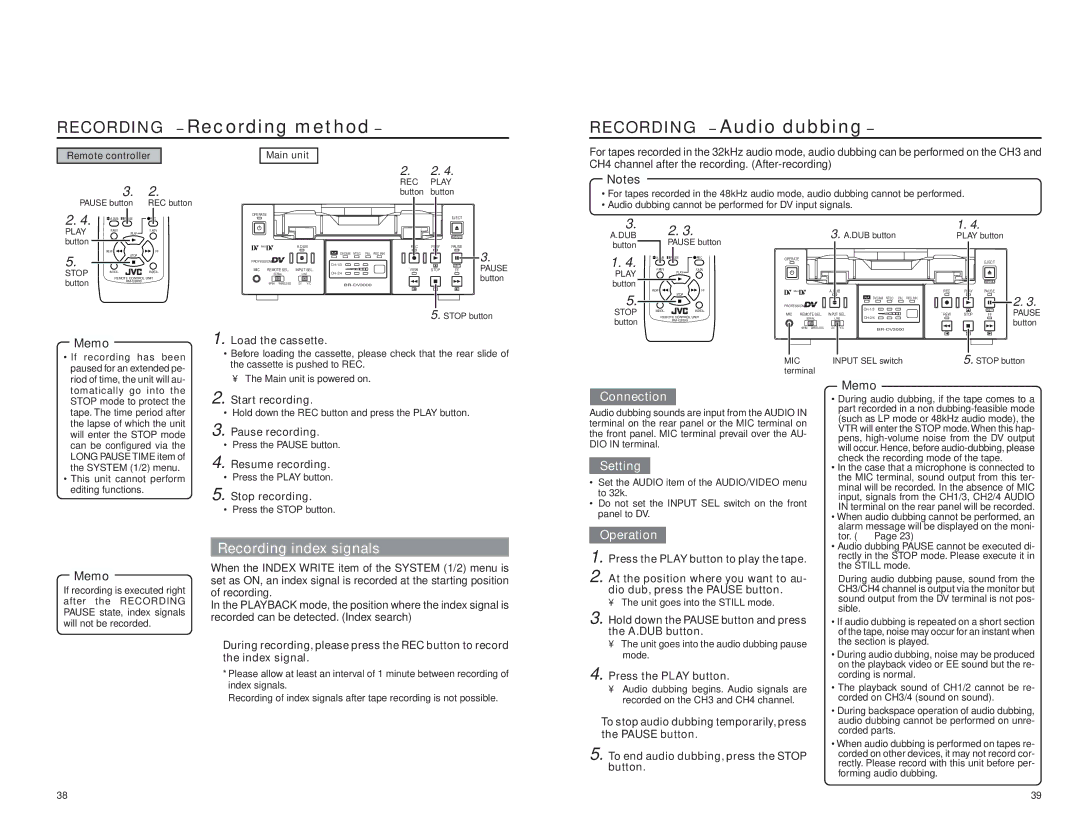 JVC BR-DV3000E instruction manual Recording method, Recording Audio dubbing, Recording index signals 