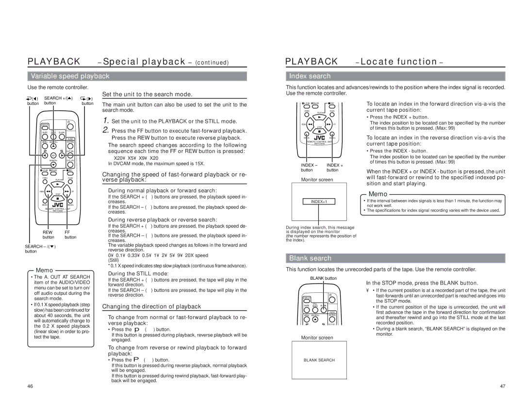 JVC BR-DV3000E instruction manual Special playback, Locate function, Variable speed playback, Index search 