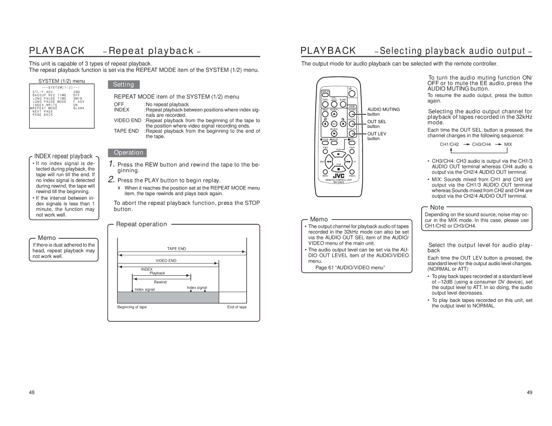 JVC BR-DV3000E instruction manual Repeat playback, Repeat operation,  Repeat Mode item of the System 1/2 menu 