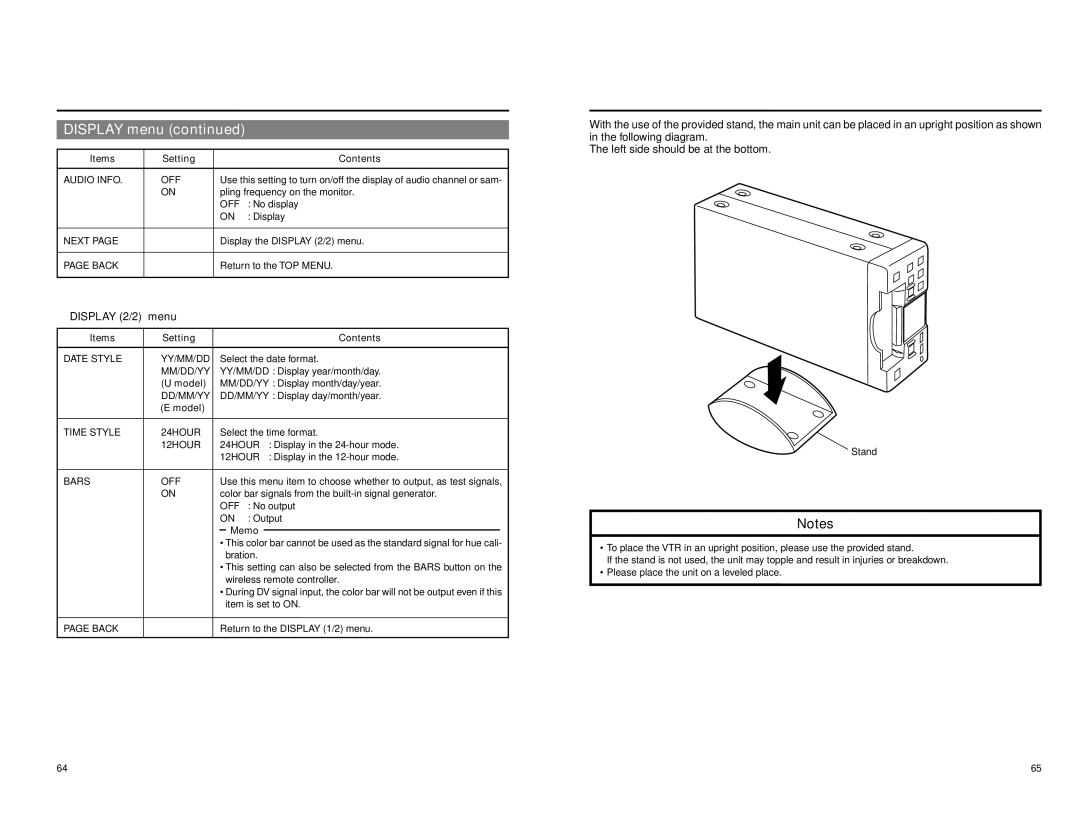 JVC BR-DV3000E instruction manual  Display 2/2 menu, Model 