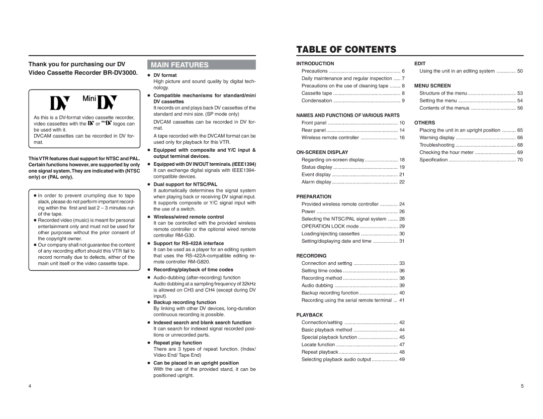 JVC BR-DV3000E instruction manual Table of Contents 