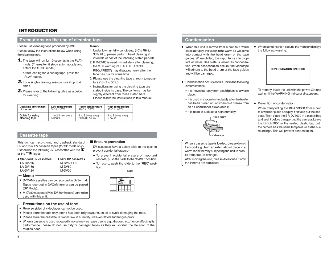 JVC BR-DV3000E instruction manual Introduction Precautions on the use of cleaning tape, Cassette tape, Condensation, Memo 