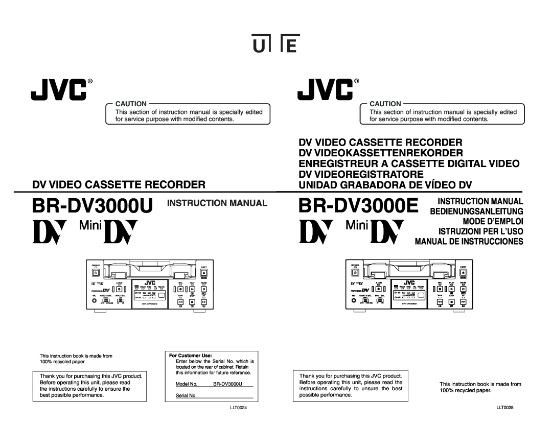 JVC BR-DV3000E instruction manual Instruction Manual, Bedienungsanleitung, Mode D’Emploi, Istruzioni Per L’Uso, BR-DV3000U 