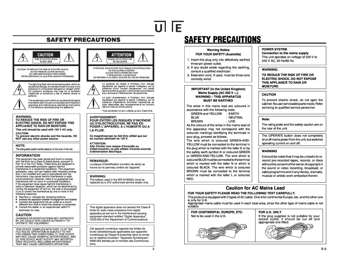 JVC BR-DV3000E instruction manual Safety Precautions, Caution for AC Mains Lead, Information 