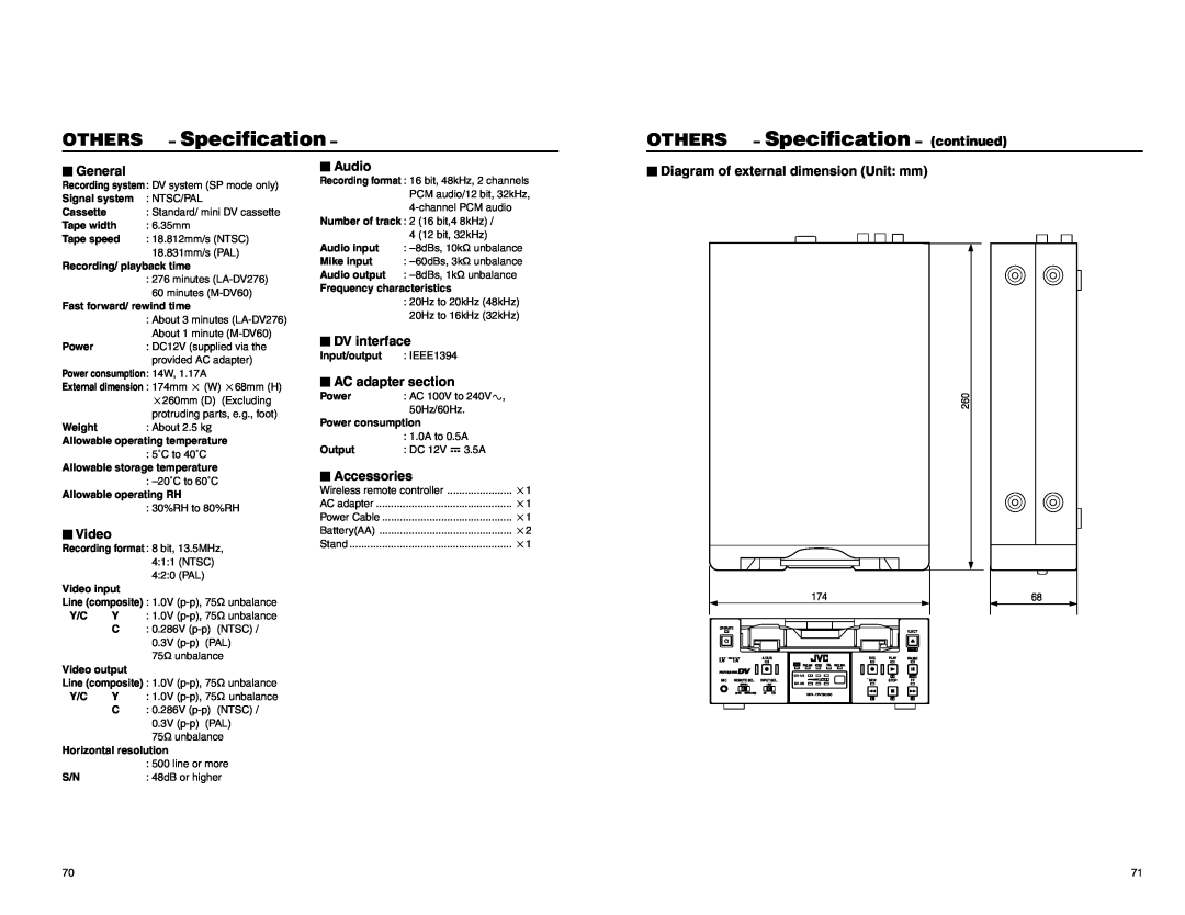 JVC BR-DV3000E Specification - continued,  General,  Audio,  Diagram of external dimension Unit mm,  Video, Others 