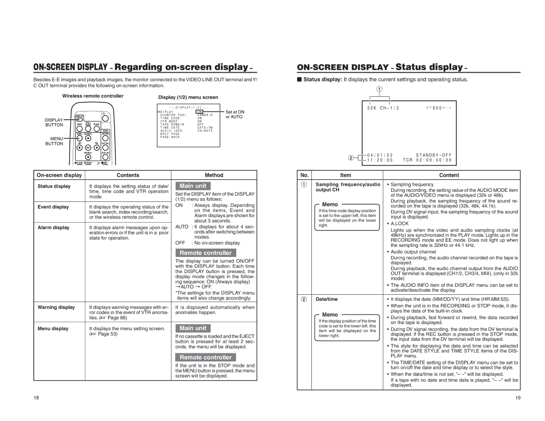 JVC BR-DV3000U instruction manual Memo, On-screen display Contents Method 