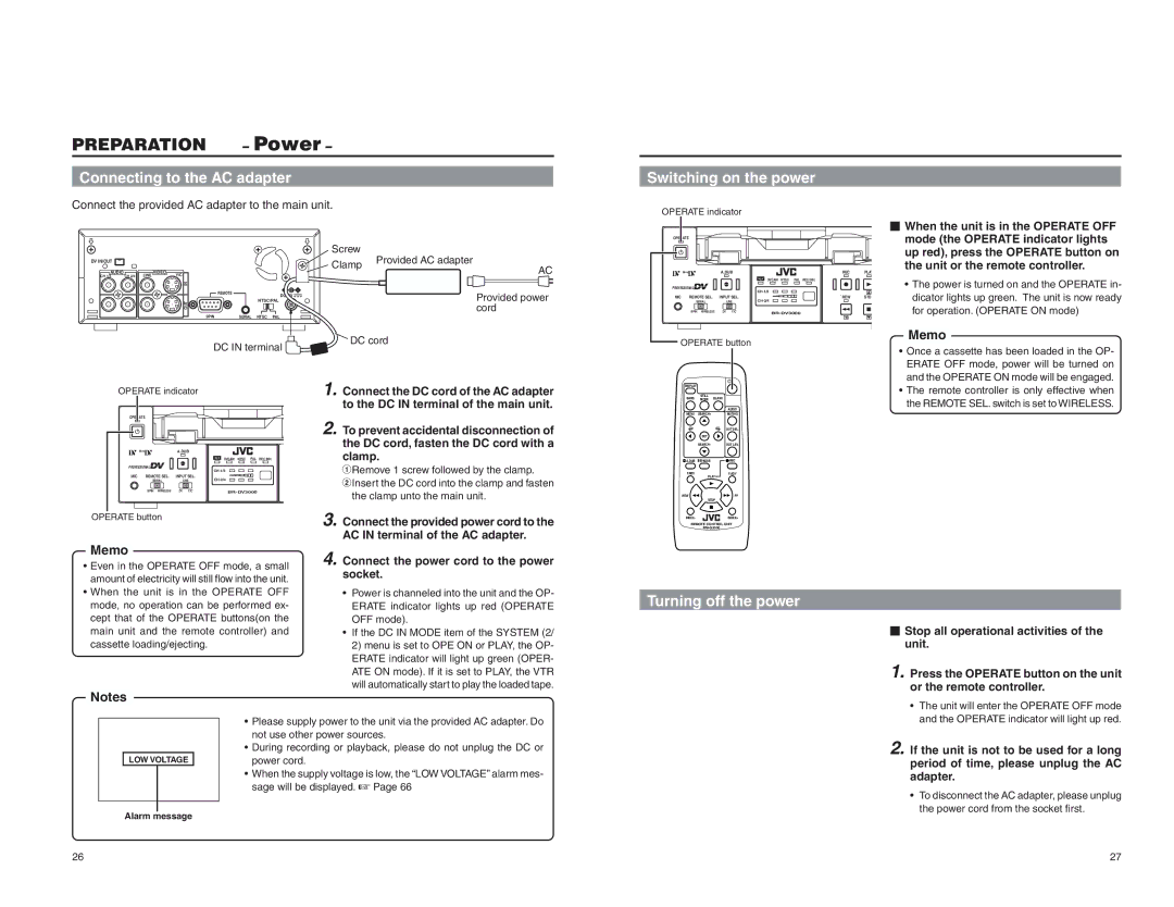 JVC BR-DV3000U instruction manual Power, Turning off the power, Connecting to the AC adapter, Switching on the power 