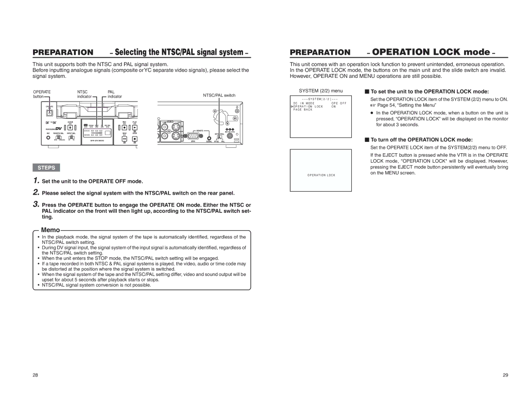 JVC BR-DV3000U instruction manual Operation Lock mode, Selecting the NTSC/PAL signal system 