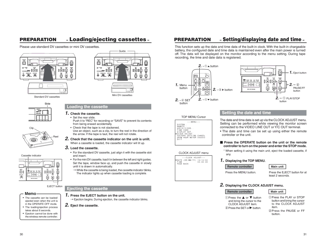 JVC BR-DV3000U instruction manual Ejecting the cassette, Setting the date and time 