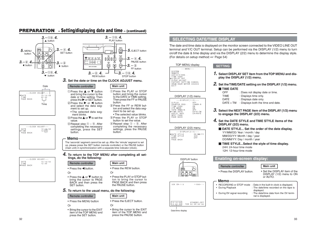 JVC BR-DV3000U instruction manual Enabling on-screen display, Setting/displaying date and time 