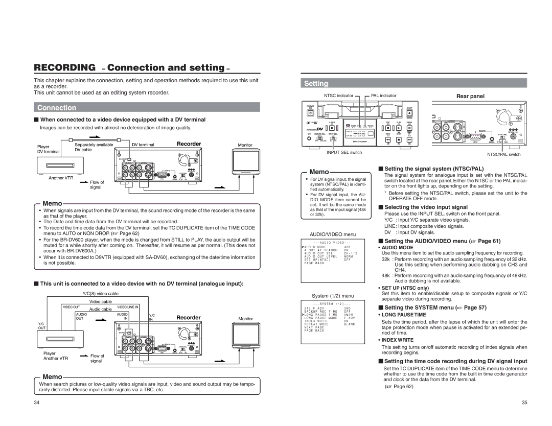 JVC BR-DV3000U instruction manual Recording Connection and setting, Setting 