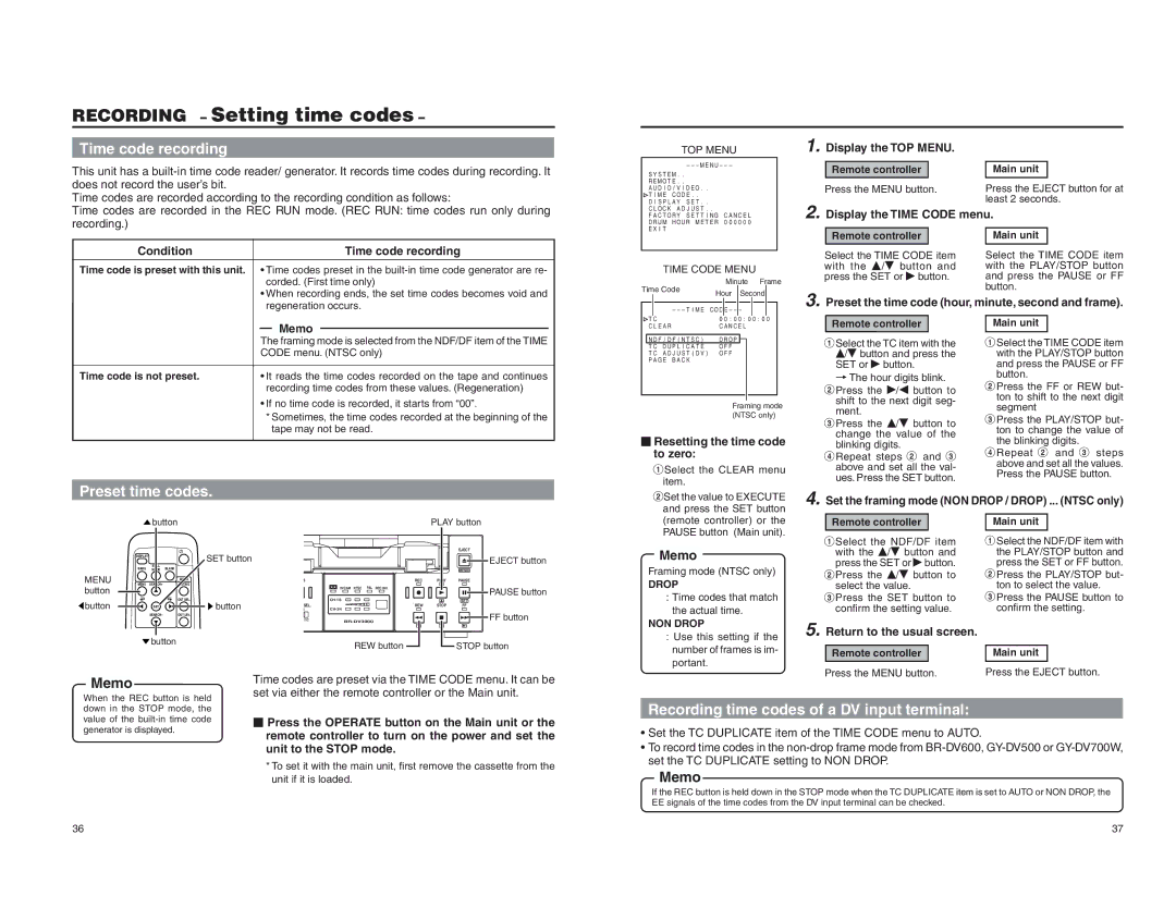 JVC BR-DV3000U Setting time codes, Time code recording, Recording time codes of a DV input terminal, Preset time codes 