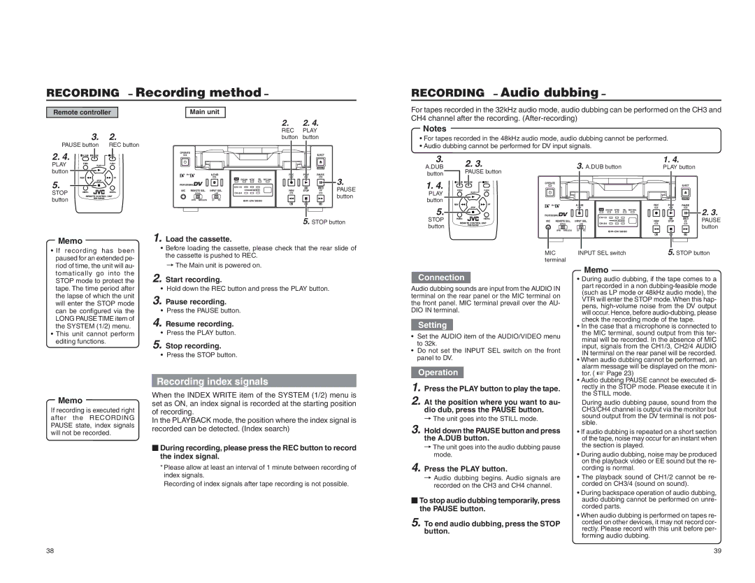 JVC BR-DV3000U instruction manual Recording method, Recording Audio dubbing, Recording index signals 