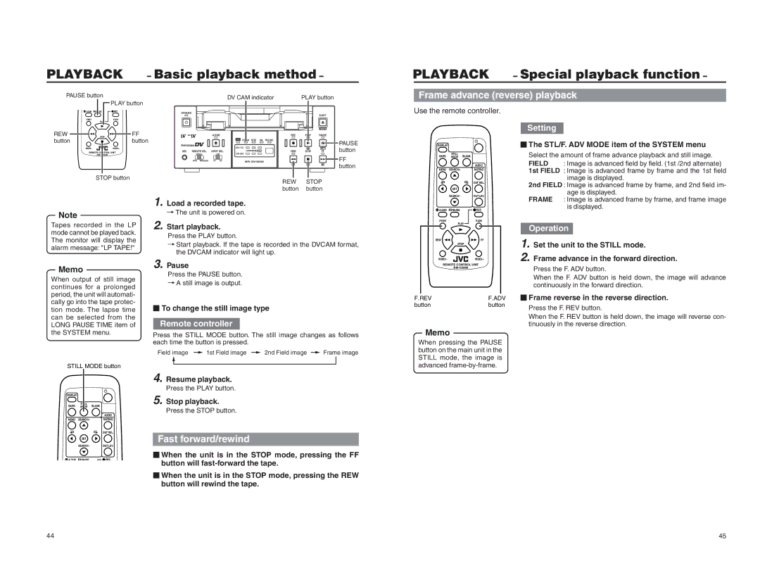 JVC BR-DV3000U Basic playback method, Special playback function, Fast forward/rewind, Frame advance reverse playback 