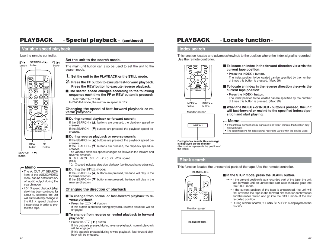 JVC BR-DV3000U instruction manual Special playback, Locate function, Variable speed playback, Index search 